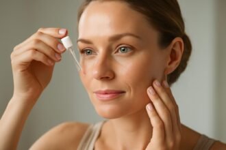 Fiatal nő hialuronsavas szérumot használ a bőrápoláshoz.