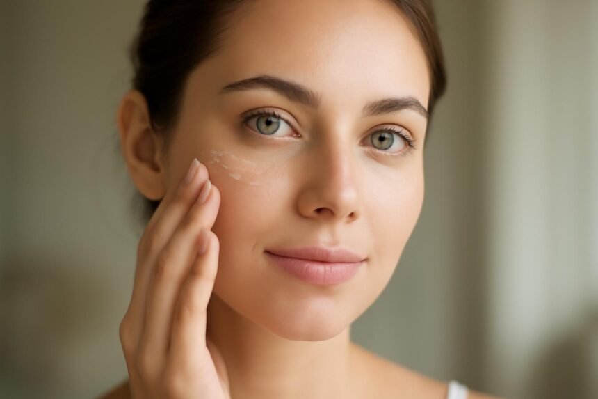 Fiatal nő hialuronsavas krémet alkalmaz az arcán a bőrápolás során.