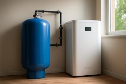 Kék hidroakkumulátor energiatárolás céljából otthoni környezetben.