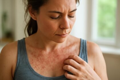 Nő bőrkiütésekkel a nyakán meleg időben.