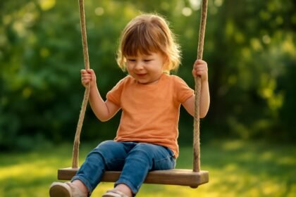 Kisgyermek hintázik a szabadban, mosolygós arccal.
