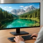 Felhasználó IPS kijelzőn lenyűgöző táját néz egy zöld vízű tóval.