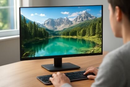 Felhasználó IPS kijelzőn lenyűgöző táját néz egy zöld vízű tóval.