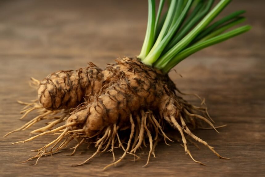 Kálmosgyökértörzs gyökerei friss hajtásokkal, természetes gyógymódokhoz.