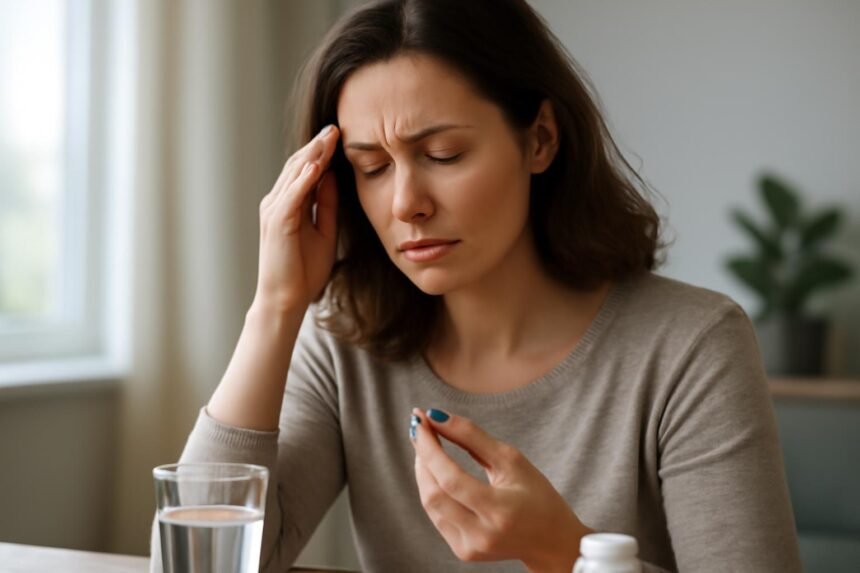 Nő, aki Kamagra tablettát készül bevenni víz mellett, fejfájásra utalva.