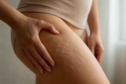 Női kéz, amely cellulitot vizsgál a combján.