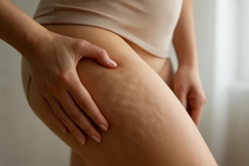 Női kéz, amely cellulitot vizsgál a combján.