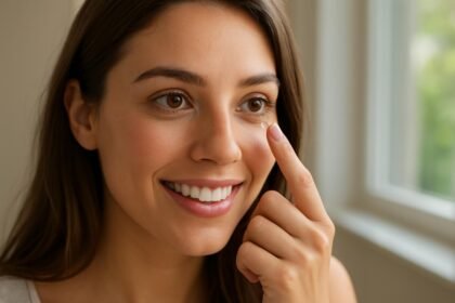 Fiatal nő kontaktlencsét helyez a szemére, mosolyogva.