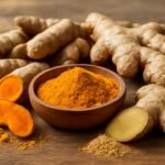 Kurkuma és gyömbér fűszerek egy tálban és friss gyökerek