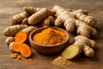 Kurkuma és gyömbér fűszerek egy tálban és friss gyökerek