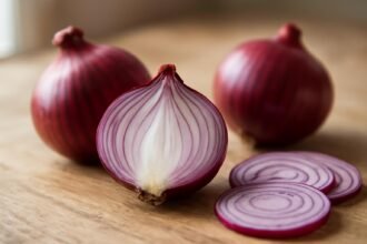 Friss lilahagyma és szeletei természetes háttér előtt.
