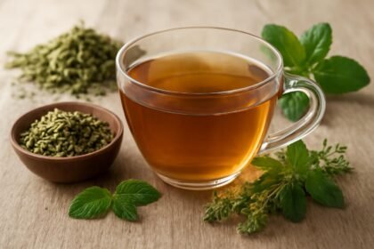 Májtámogató tea gyógynövényekből, friss levelekkel és szárított fűszerekkel.