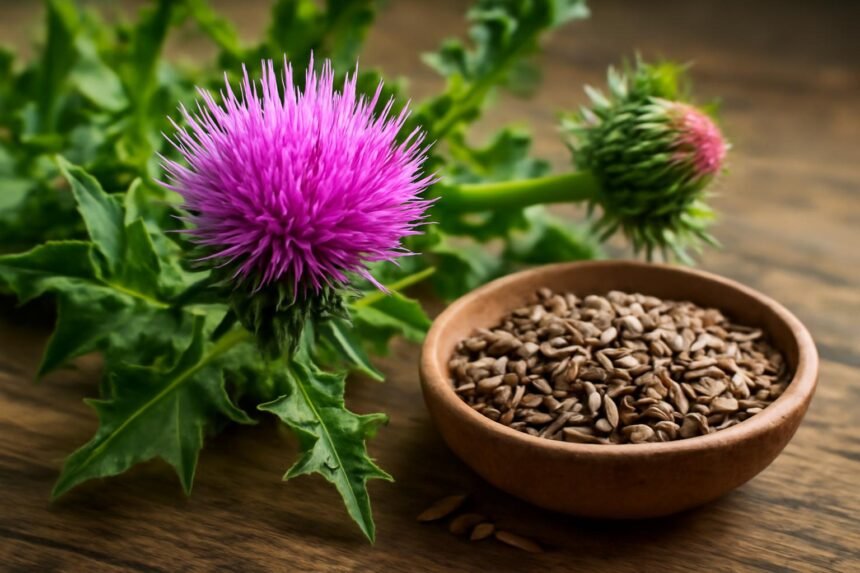 Máriatövis virág és magok, gyógynövények az emésztéshez.