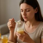 Nő méhpempőt fogyaszt, a hormonháztartás egyensúlyáról és a menstruációról gondolkodik.