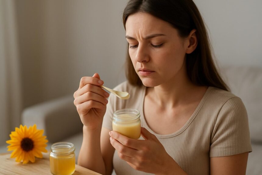 Nő méhpempőt fogyaszt, a hormonháztartás egyensúlyáról és a menstruációról gondolkodik.