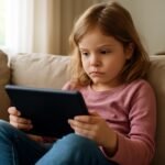 Kislány tablettel mesenézés közben a kanapén ülve