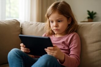 Kislány tablettel mesenézés közben a kanapén ülve