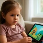 Gyerek mesenézés közben tablet segítségével.