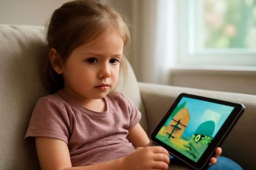 Gyerek mesenézés közben tablet segítségével.