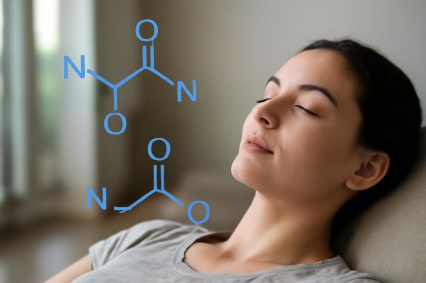 Egy fiatal nő relaxál, miközben a nitrogén-monoxid molekulája látható.