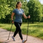 Nő nordic walking közben a természetben, ízületkímélő edzés.