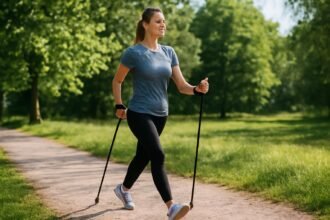 Nő nordic walking közben a természetben, ízületkímélő edzés.