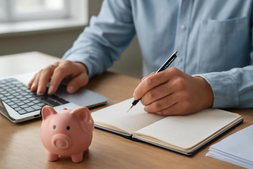 Férfi pénzügyi tervezés közben számítógépen ír, malacpersely az asztalon