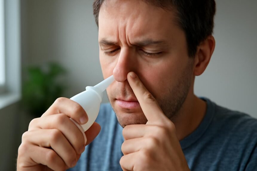 Férfi orrszívás közben, egészségügyi kockázatok és technikák bemutatásával foglalkozó cikkhez.