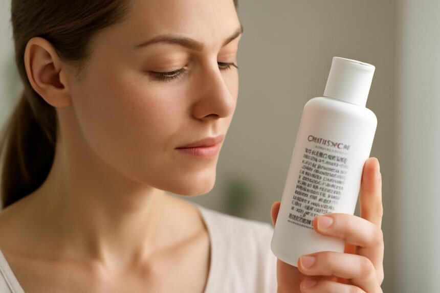 Nő bőrápoló terméket tart a kezében, fontos összetevőkre figyel.