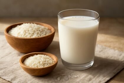 Rizstej pohárban és tálban lévő rizs