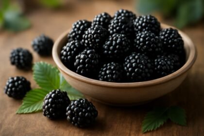 Friss szeder egy tálban, zöld levelekkel körülvéve.