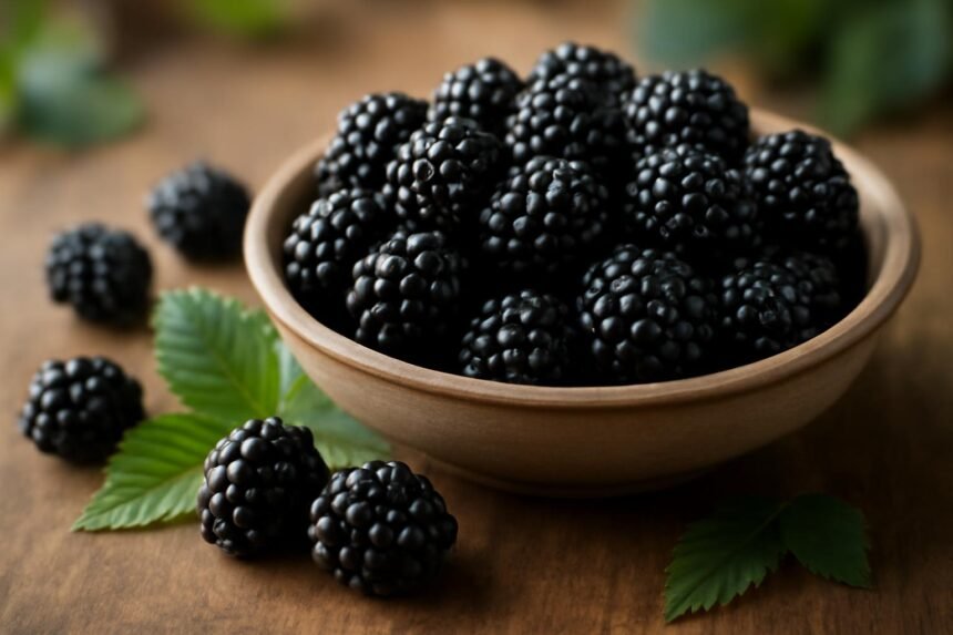 Friss szeder egy tálban, zöld levelekkel körülvéve.