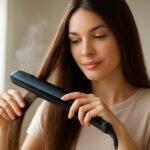 Nő gőzölős hajvasalóval formázza a haját