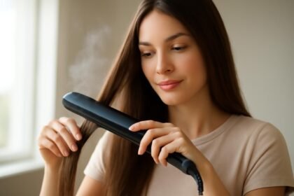 Nő gőzölős hajvasalóval formázza a haját