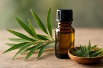 Teafaolaj üvege és levél, természetes gombaellenes megoldás