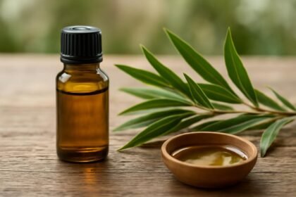 Teafaolaj üveg és kis tál, körülfogva zöld levelekkel