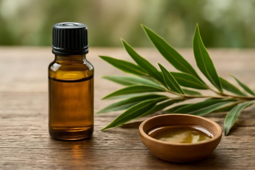 Teafaolaj üveg és kis tál, körülfogva zöld levelekkel