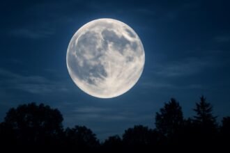 Telihold ragyogása a sötét égbolton, fák sziluettje alatt.