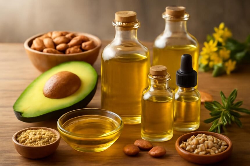 Különböző természetes olajok, avokádó és bőrápolási összetevők.
