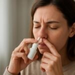 Nő orrspray-t használ orrdugulás enyhítésére.