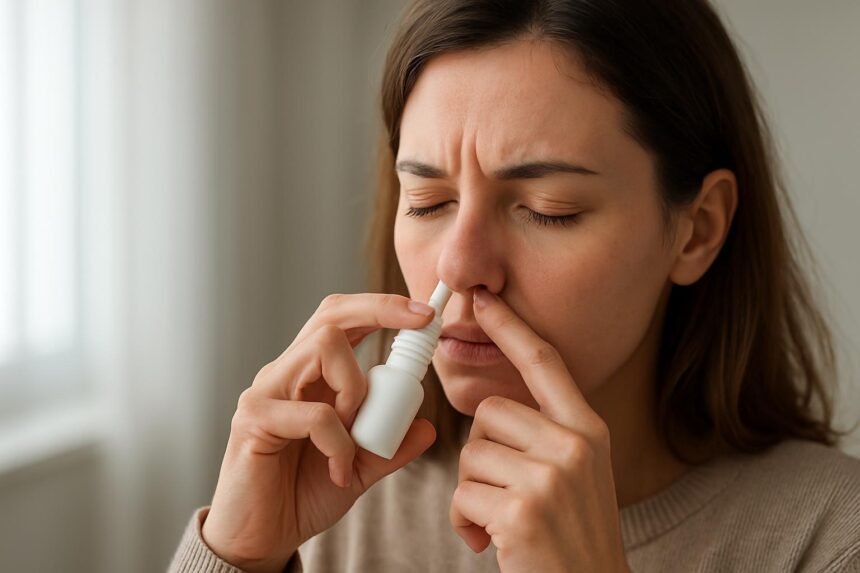 Nő orrspray-t használ orrdugulás enyhítésére.