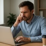 Férfi a laptop előtt, aki a vállalkozói KATA buktatóiról gondolkodik.