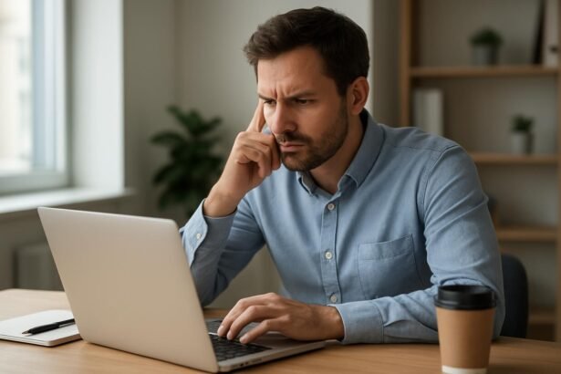 Férfi a laptop előtt, aki a vállalkozói KATA buktatóiról gondolkodik.