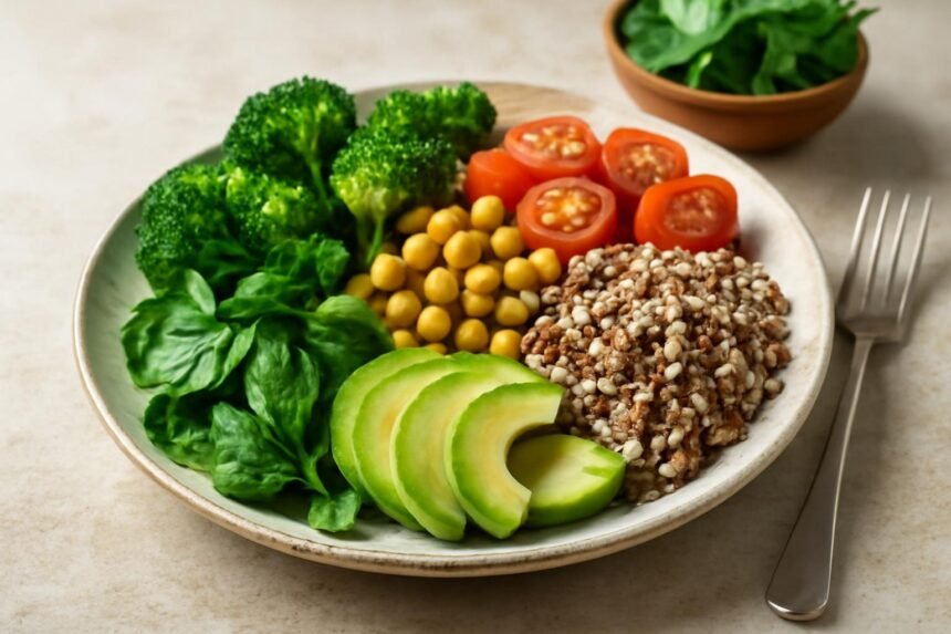 Friss zöldségekből és magvakból álló vegetáriánus étkezés