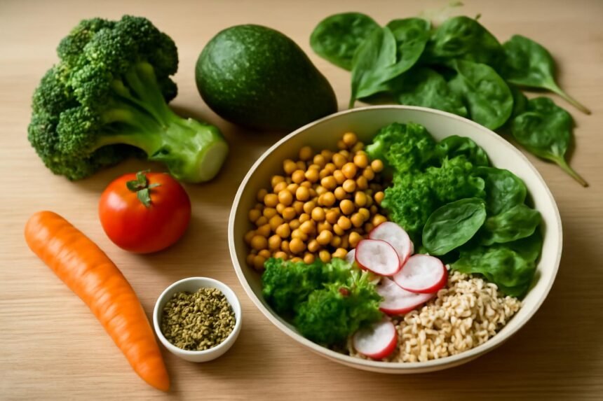 Friss zöldségek és hüvelyesek vegetáriánus salátához