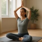 Nő hatha jógát végez egy békés szobában, meditáló pózban.