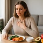 Nő gyomorégést tapasztal étkezés közben, egészséges ételekkel.