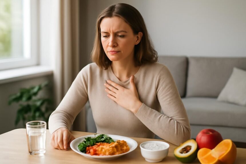 Nő gyomorégést tapasztal étkezés közben, egészséges ételekkel.