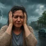 Emberek a változó időjárás idején, arcukon fáradtság és fejfájás jelei