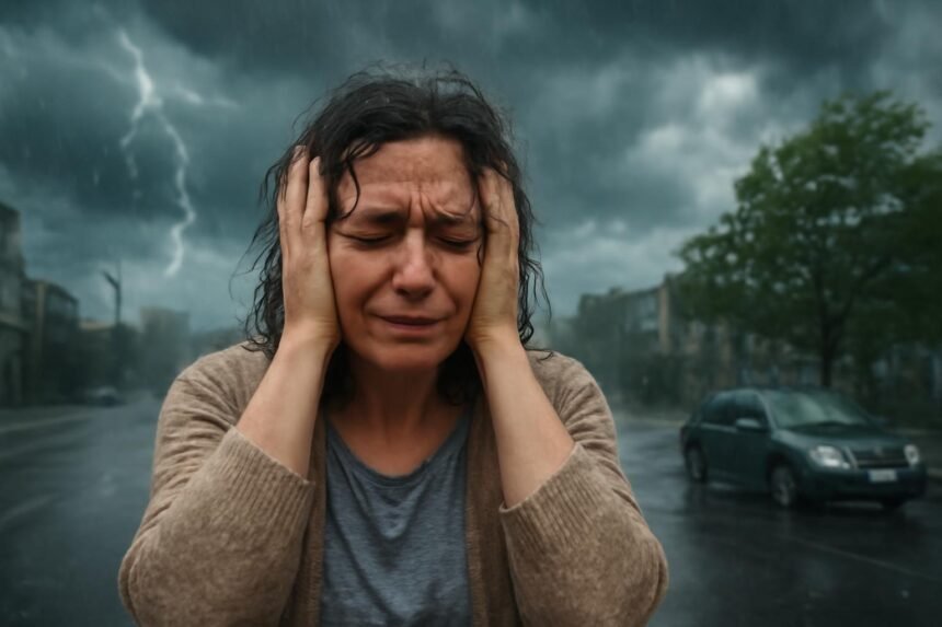 Emberek a változó időjárás idején, arcukon fáradtság és fejfájás jelei